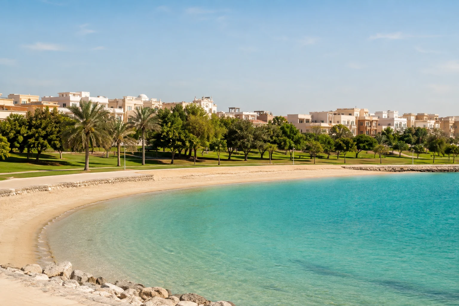 Coastal bay with park greenery and light-coloured homes