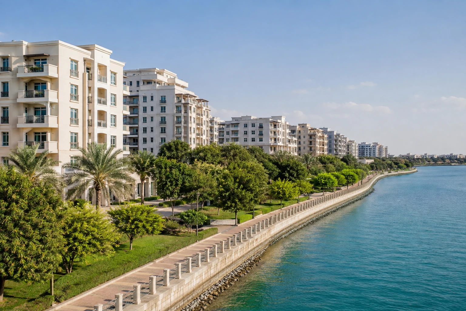 Light-coloured residential buildings along a waterfront street with greenery