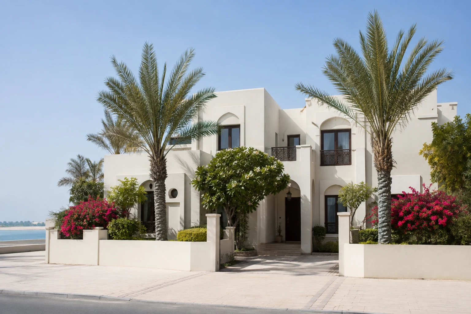Light-coloured house with palms and a garden